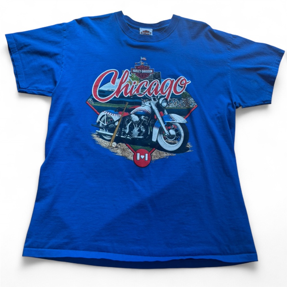 Harley Davidson Chicago Cubs T Shirt Mens Large Wrigley Field Motorcycle Blue